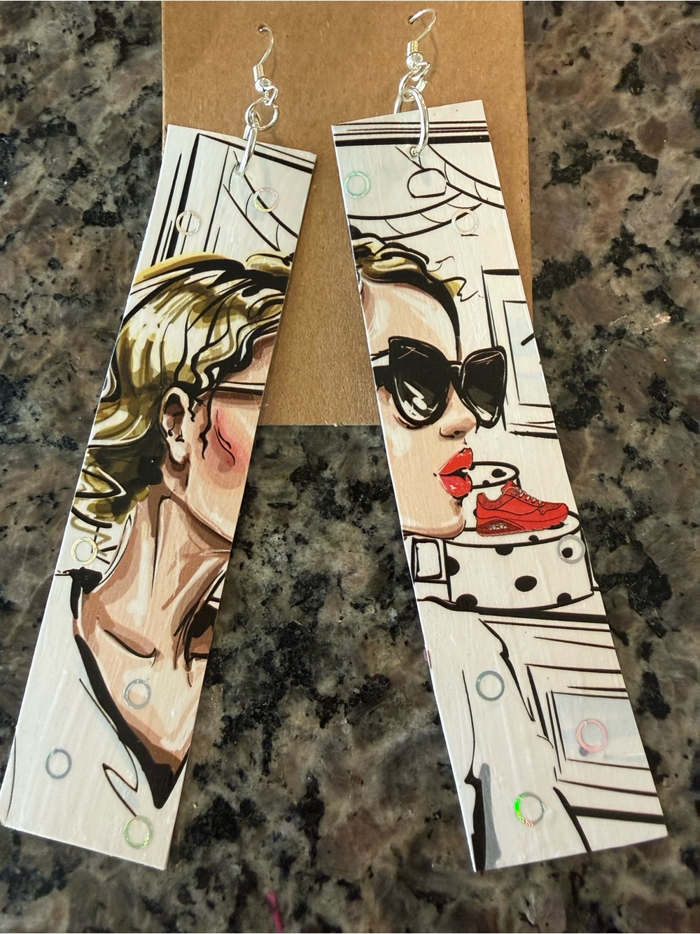 Graphic Pop Art Long Dangle Earrings with Red Accent 4” Long